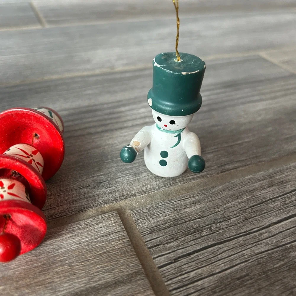 Vintage Wooden Christmas Ornaments Lot Santa Snowman Horse Gingerbread Man Bells
